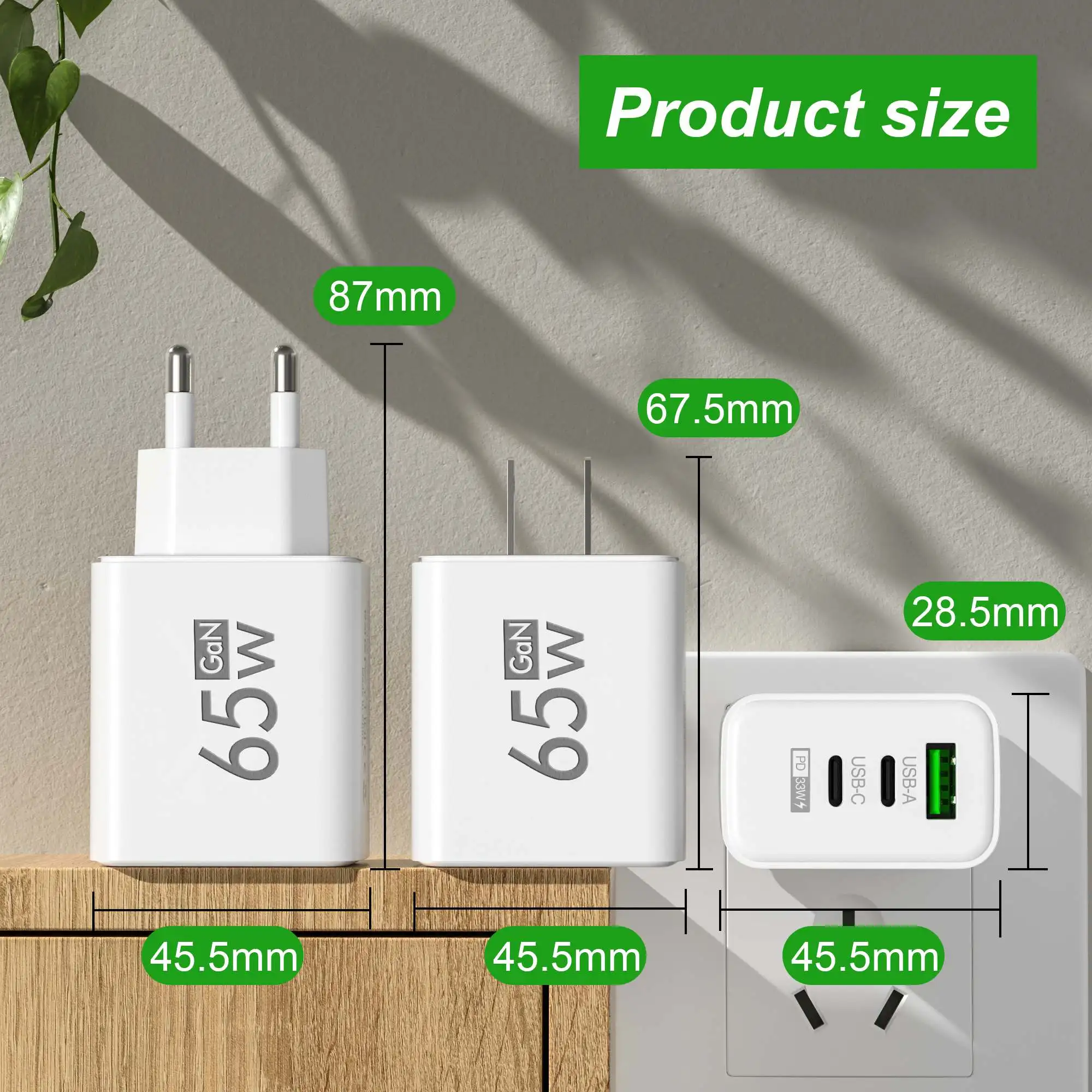 Laptop Accessories Macbook - Faltbares 65-W-GaN-USB-C-Wandladegerät mit 3 Anschlüssen, PD-Schnellladegerät,
